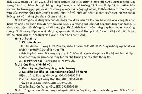 THƯ NGỎ VỀ VIỆC TÀI TRỢ, ỦNG HỘ KINH PHÍ TỔ CHỨC LỄ KỶ NIỆM 60 NĂM THÀNH LẬP TRƯỜNG THPT PHÙ CỪ
