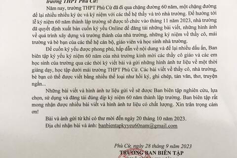 THƯ MỜI VIẾT BÀI VÀ GỬI ẢNH TƯ LIỆU CHO KỶ YẾU KỶ NIỆM 60 NĂM THÀNH LẬP TRƯỜNG THPT PHÙ CỪ