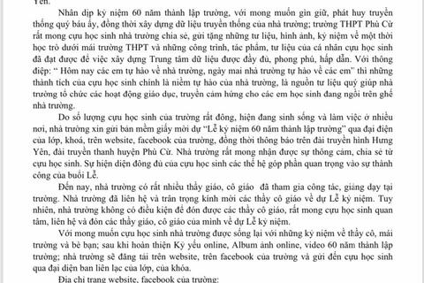 THƯ NGỎ Kèm giấy mời dự Lễ kỷ niệm 60 năm thành lập trường THPT Phù Cừ