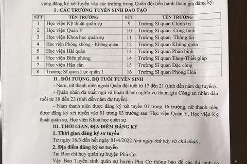 THÔNG BÁO TUYỂN SINH QUÂN SỰ VÀO CÁC TRƯỜNG TRONG QUÂN ĐỘI NĂM 2022