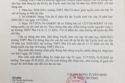 THÔNG BÁO ĐĂNG KÍ NHẬP HỌC LỚP 10 CỦA TRƯỜNG THPT PHÙ CỪ NĂM HỌC 2020 -2021