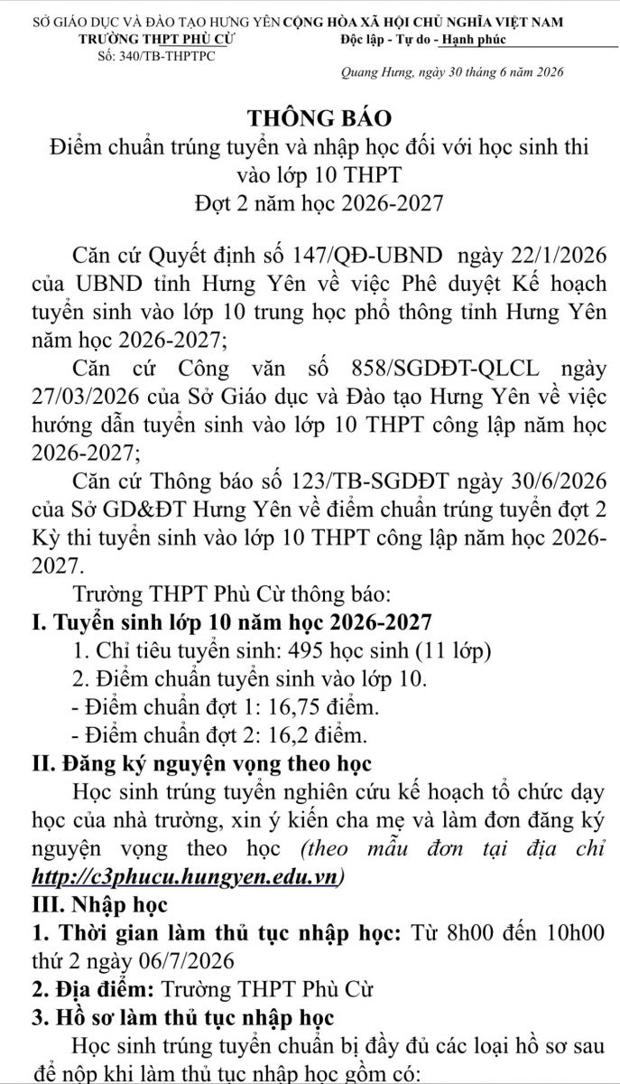 THÔNG BÁO ĐIỂM CHUẨN TRÚNG TUYỂN VÀ NHẬP HỌC ĐỢT 2 KỲ THI TUYỂN SINH VÀO LỚP 10 NĂM HỌC 2026-2027