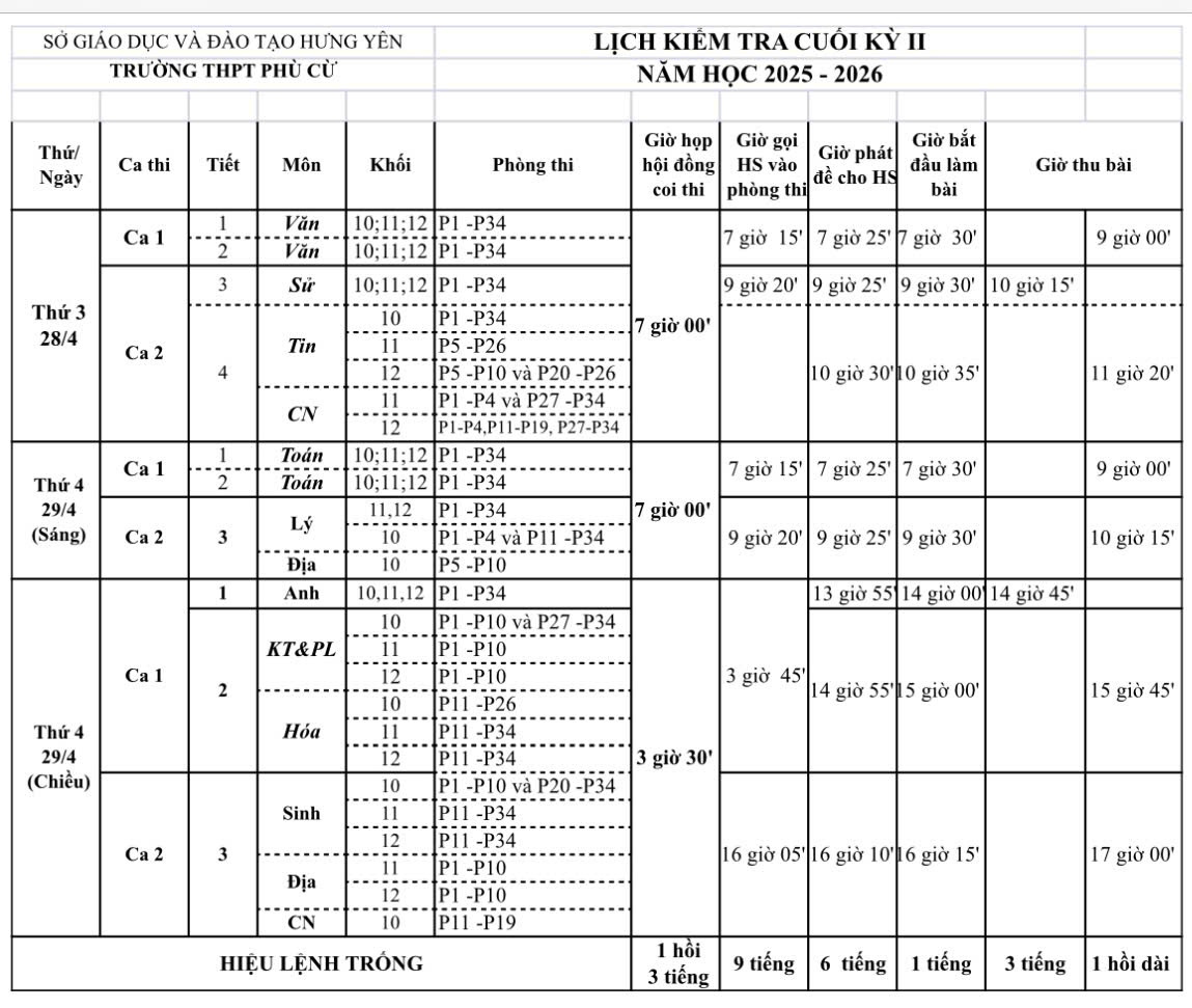 LỊCH THI  VÀ DANH SÁCH PHÒNG THI CUỐI HỌC KỲ 2 NĂM HỌC 2025-2026